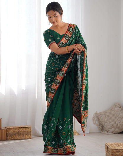 Dark Green Vichitra Silk Embroidery Saree