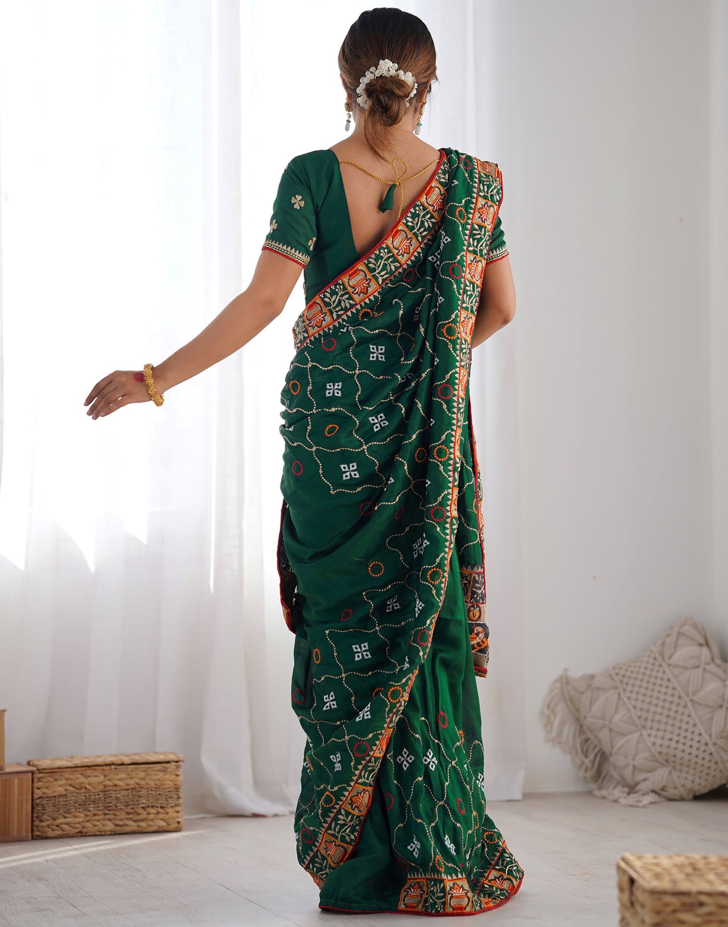 Dark Green Vichitra Silk Embroidery Saree