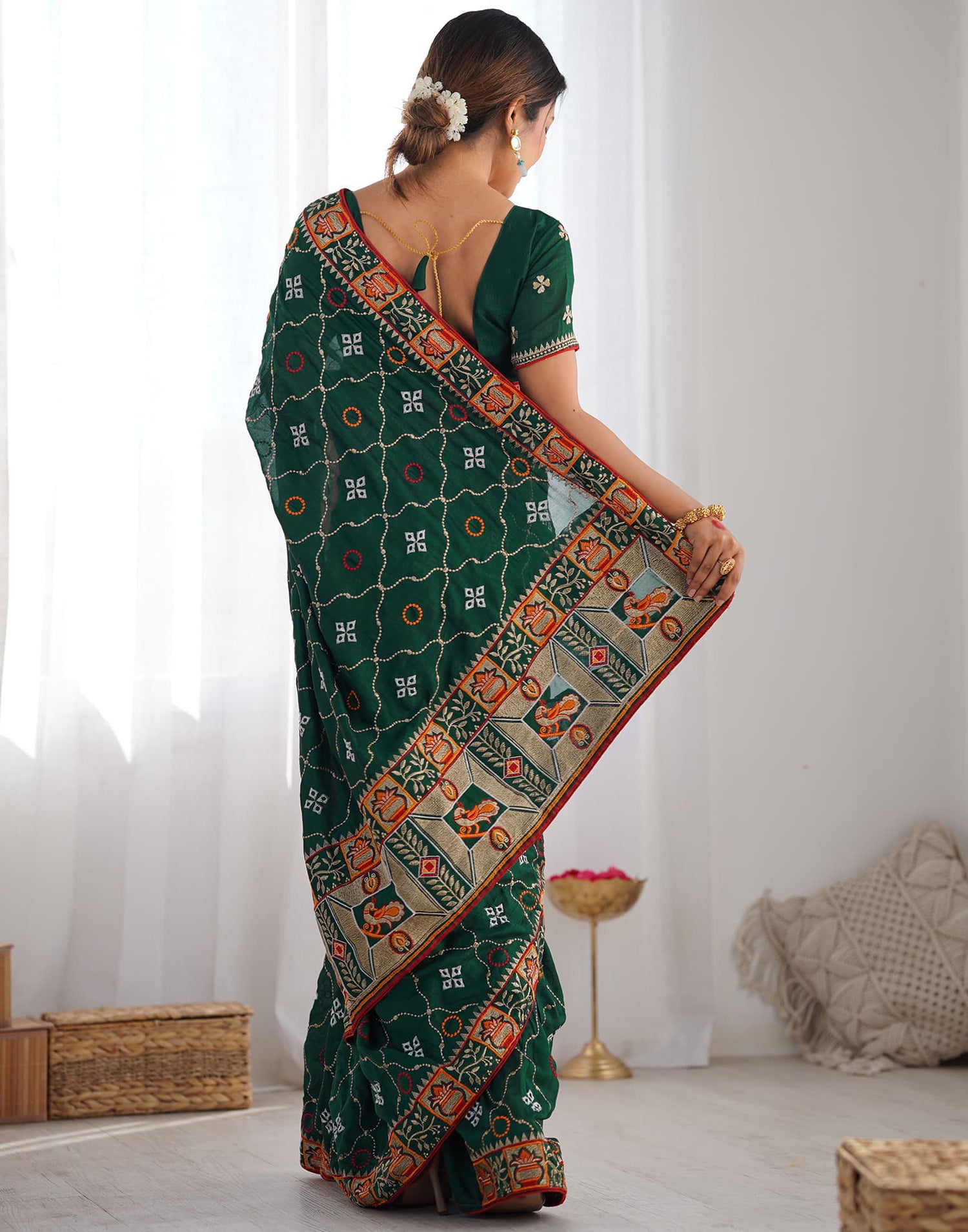 Dark Green Vichitra Silk Embroidery Saree