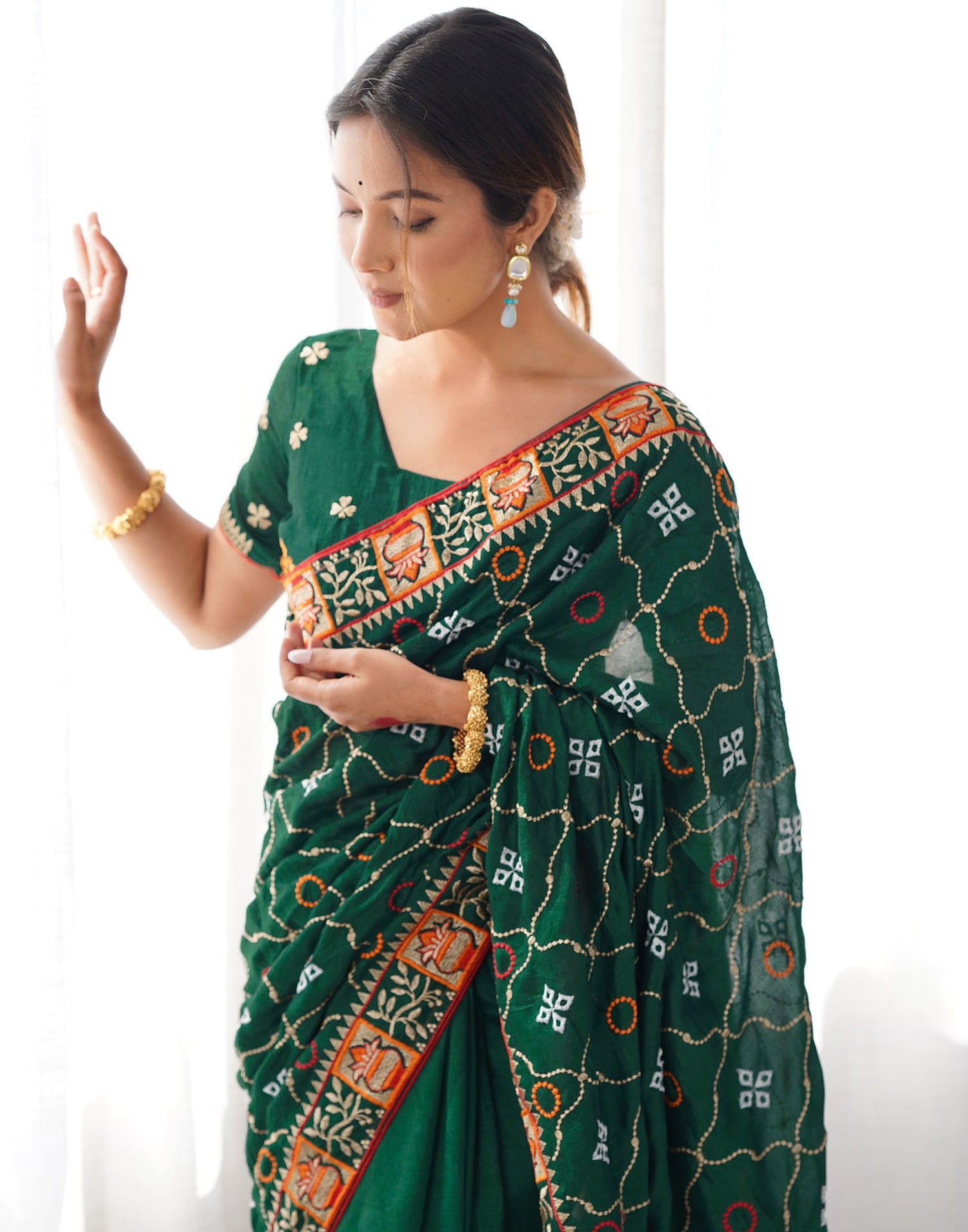 Dark Green Vichitra Silk Embroidery Saree
