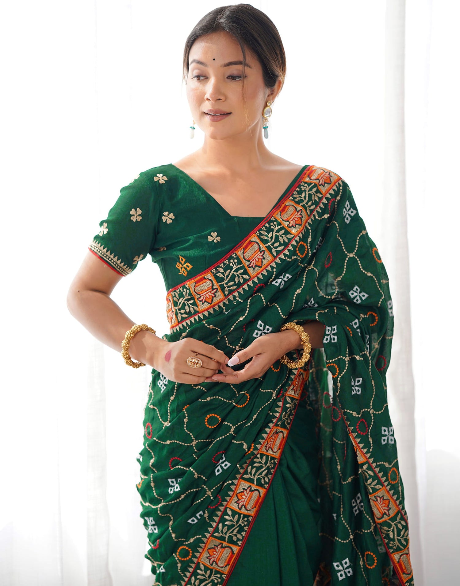 Dark Green Vichitra Silk Embroidery Saree