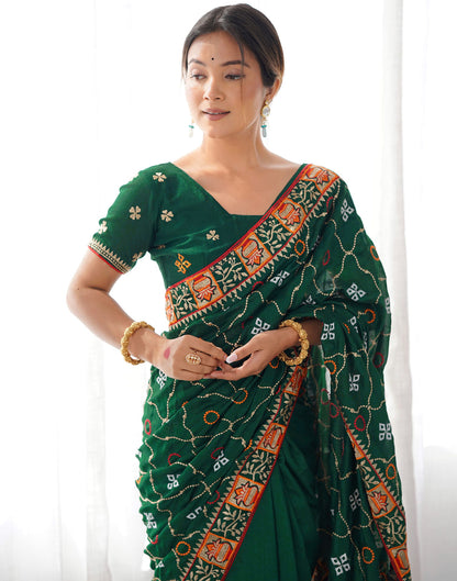 Dark Green Vichitra Silk Embroidery Saree