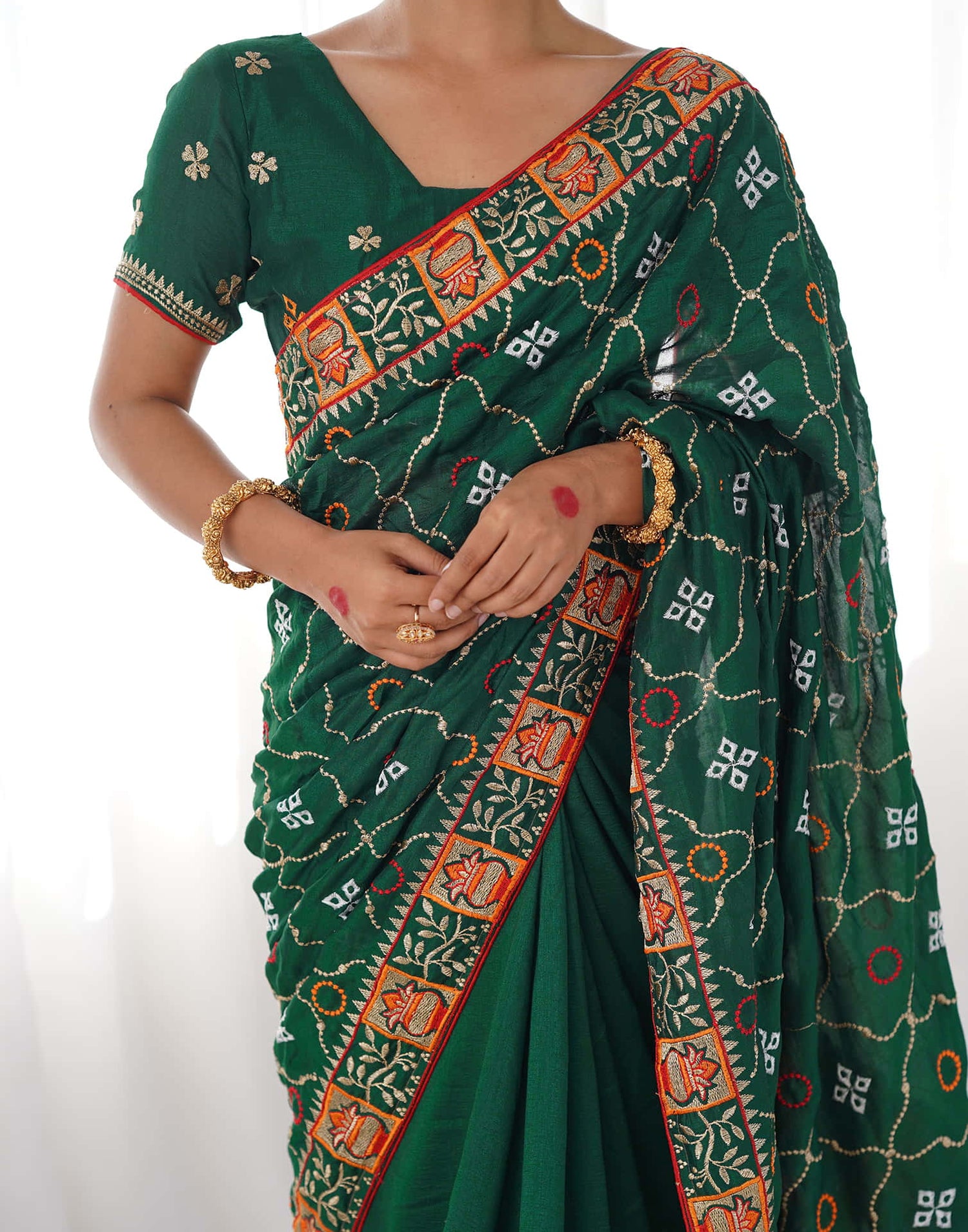 Dark Green Vichitra Silk Embroidery Saree