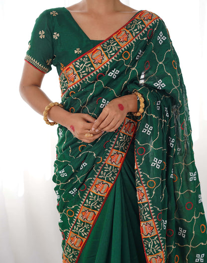 Dark Green Vichitra Silk Embroidery Saree