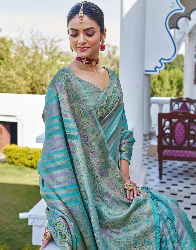 Turquoise Silk Woven Banarasi Saree
