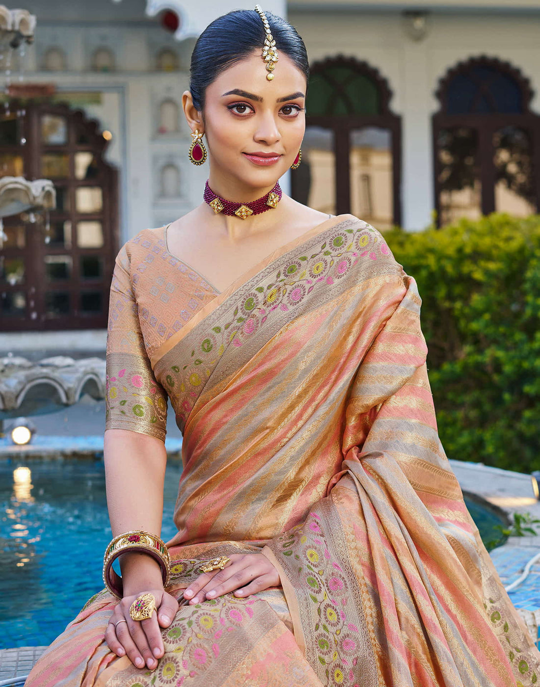 Peach Silk Woven Banarasi Saree