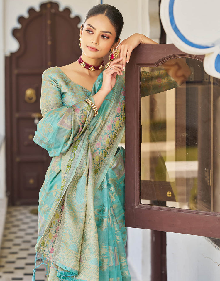 Turquoise Silk Woven Banarasi Saree