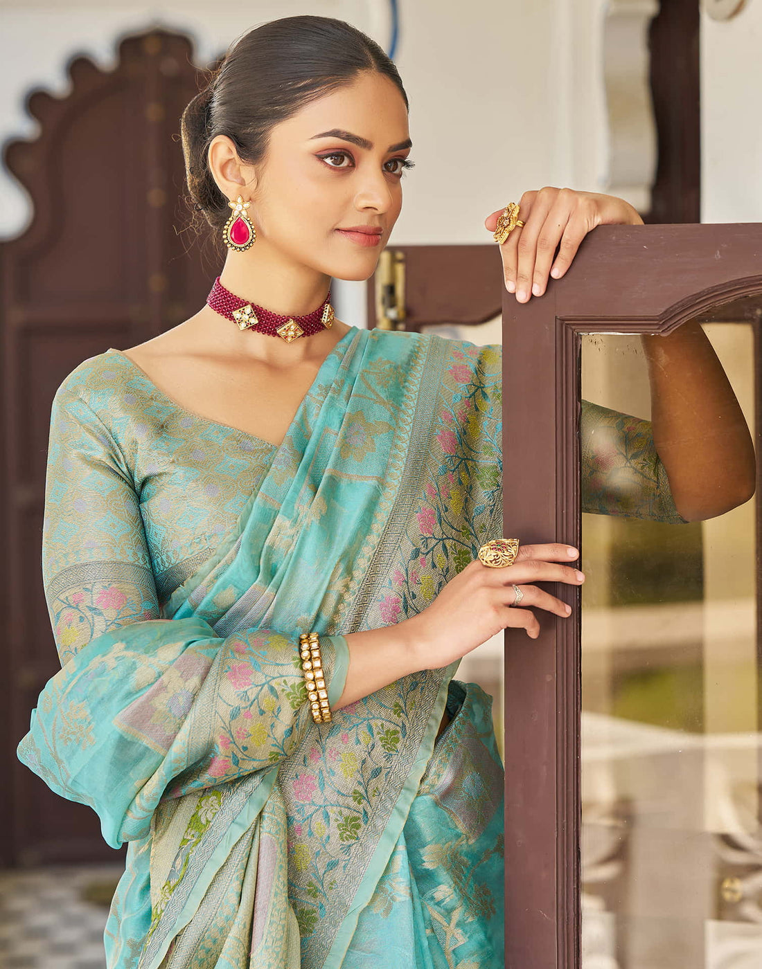 Turquoise Silk Woven Banarasi Saree