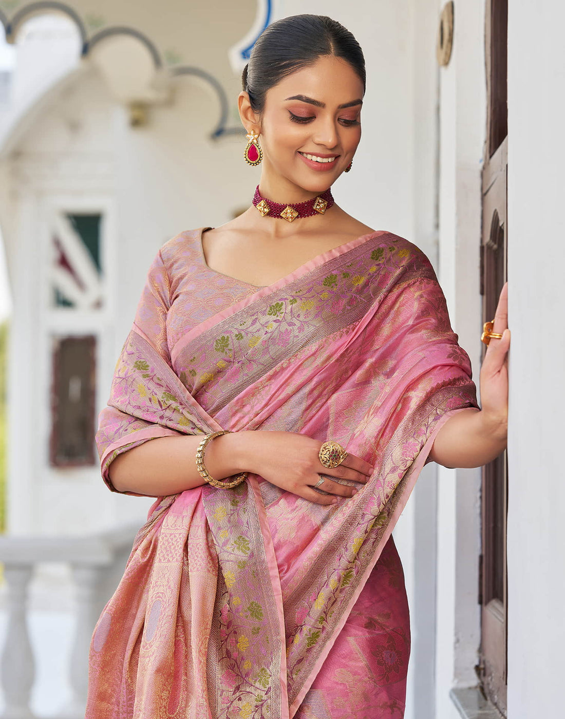 Pink Silk Woven Banarasi Saree