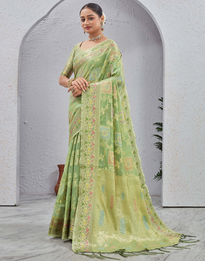 Pista Green Silk Woven Banarasi Saree