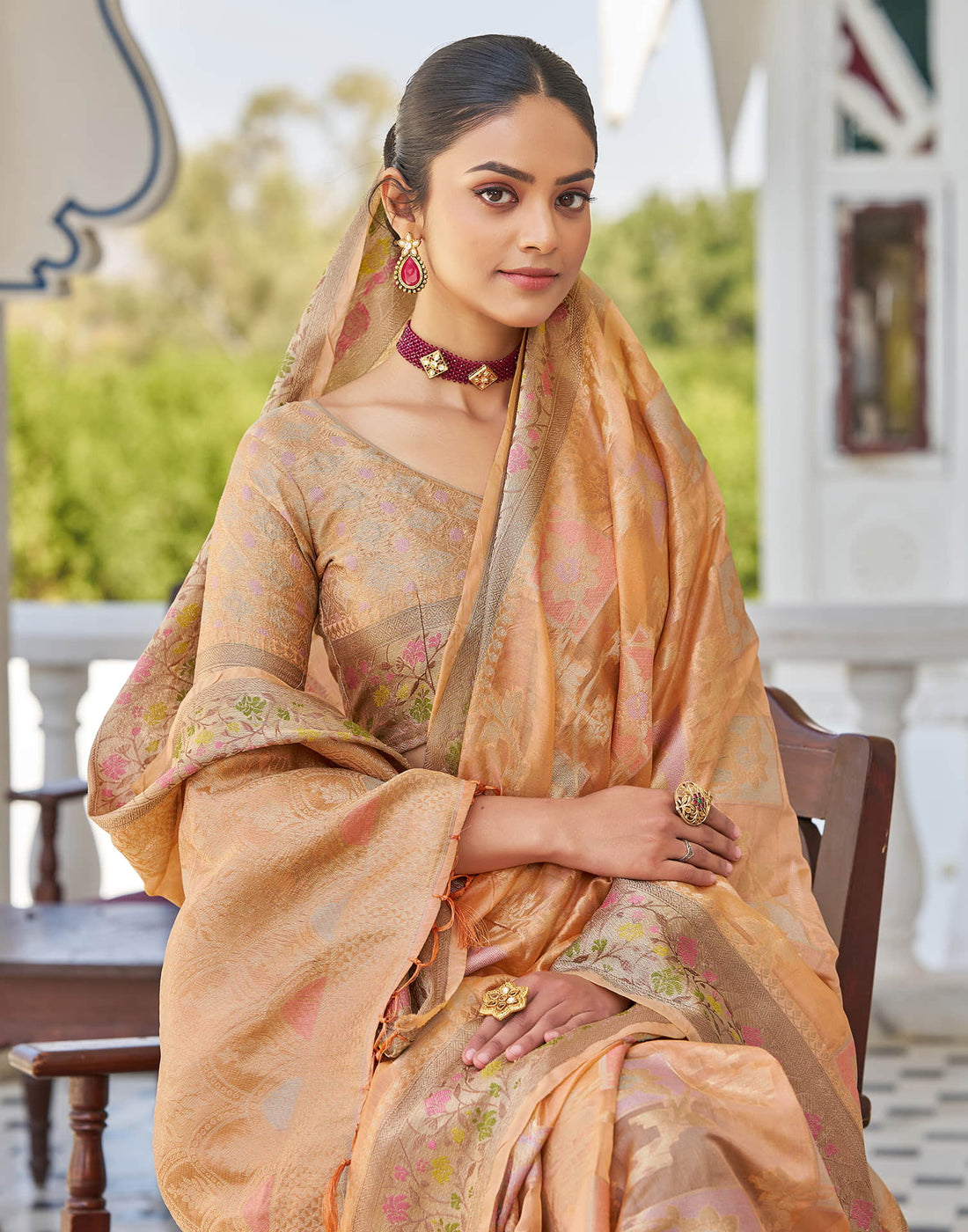 Peach Silk Woven Banarasi Saree