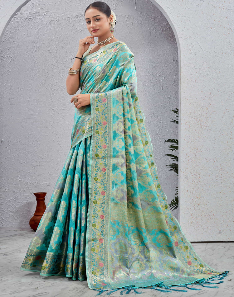 Turquoise Silk Woven Banarasi Saree