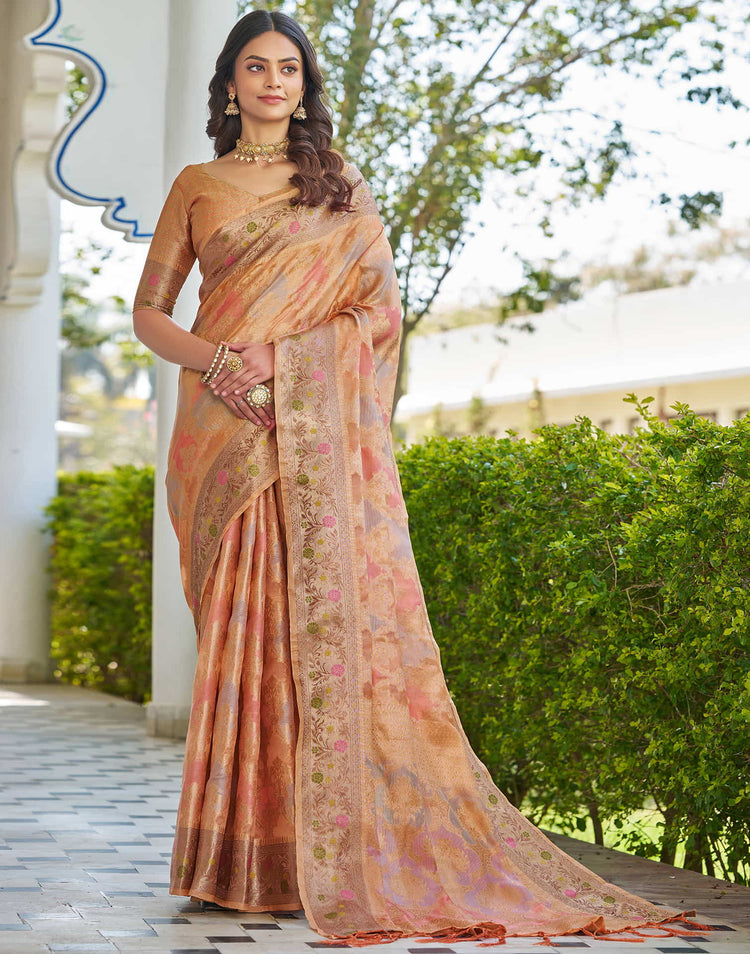 Peach Silk Woven Banarasi Saree