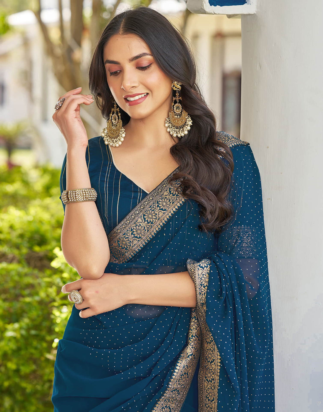 Teal Blue Georgette Stone Work Embellished Saree