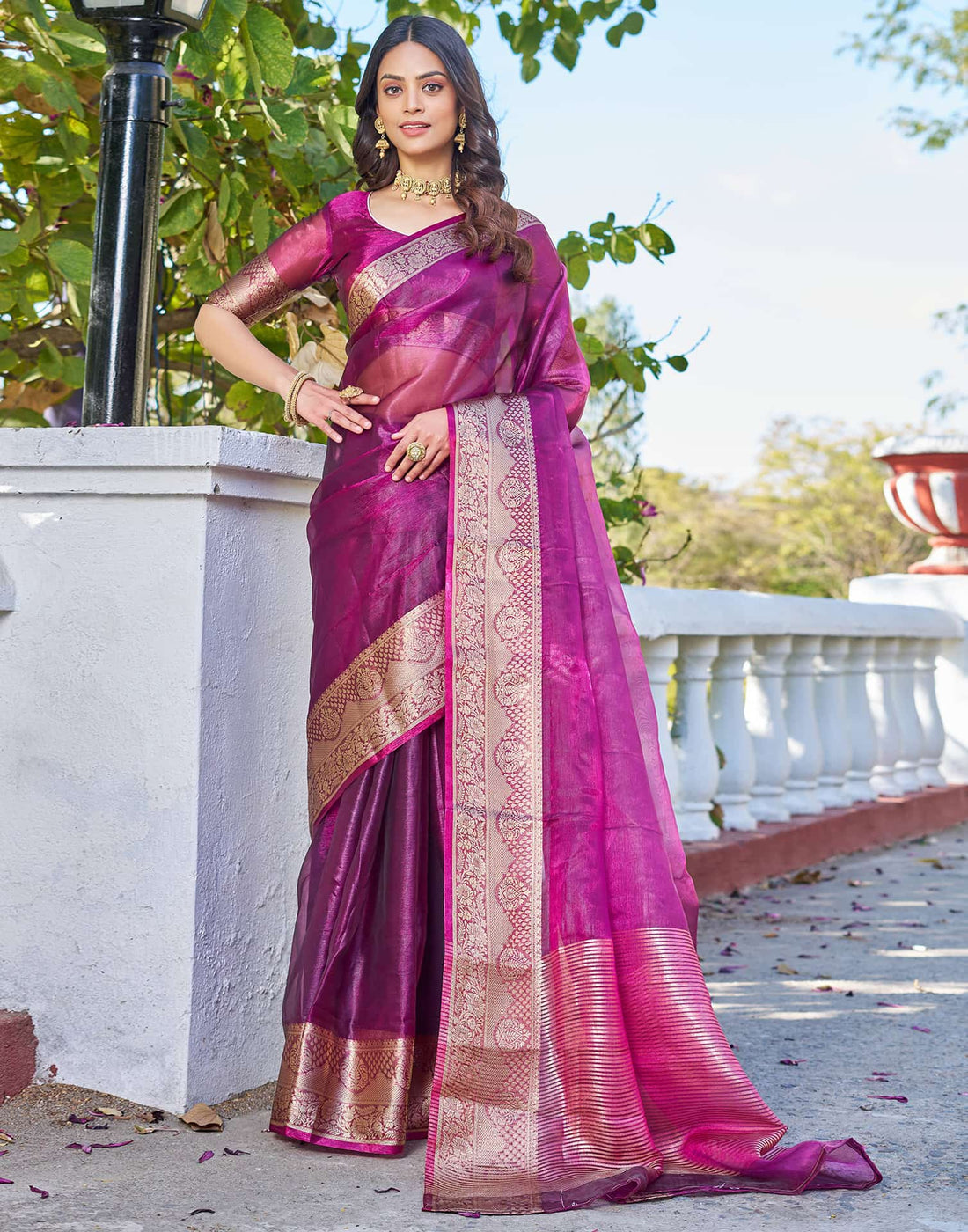 Dark Magenta Organza Woven Saree