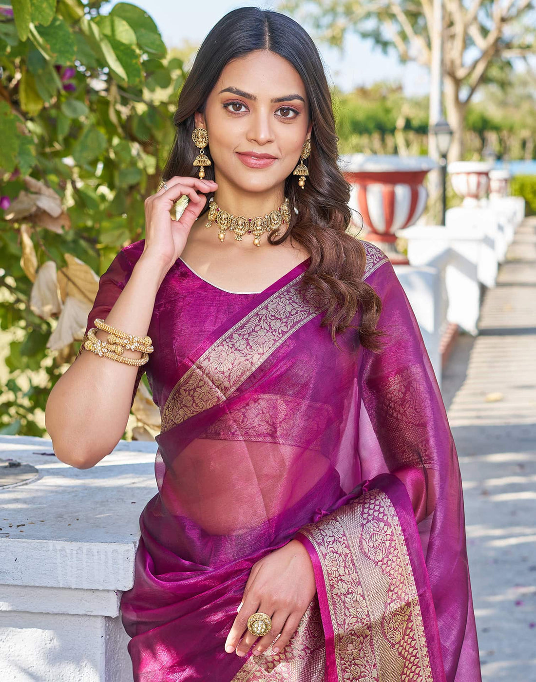 Dark Magenta Organza Woven Saree