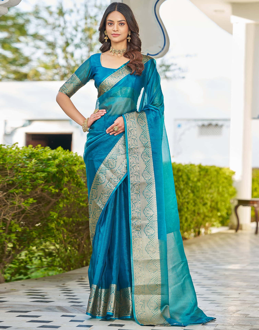 Blue Organza Woven Saree