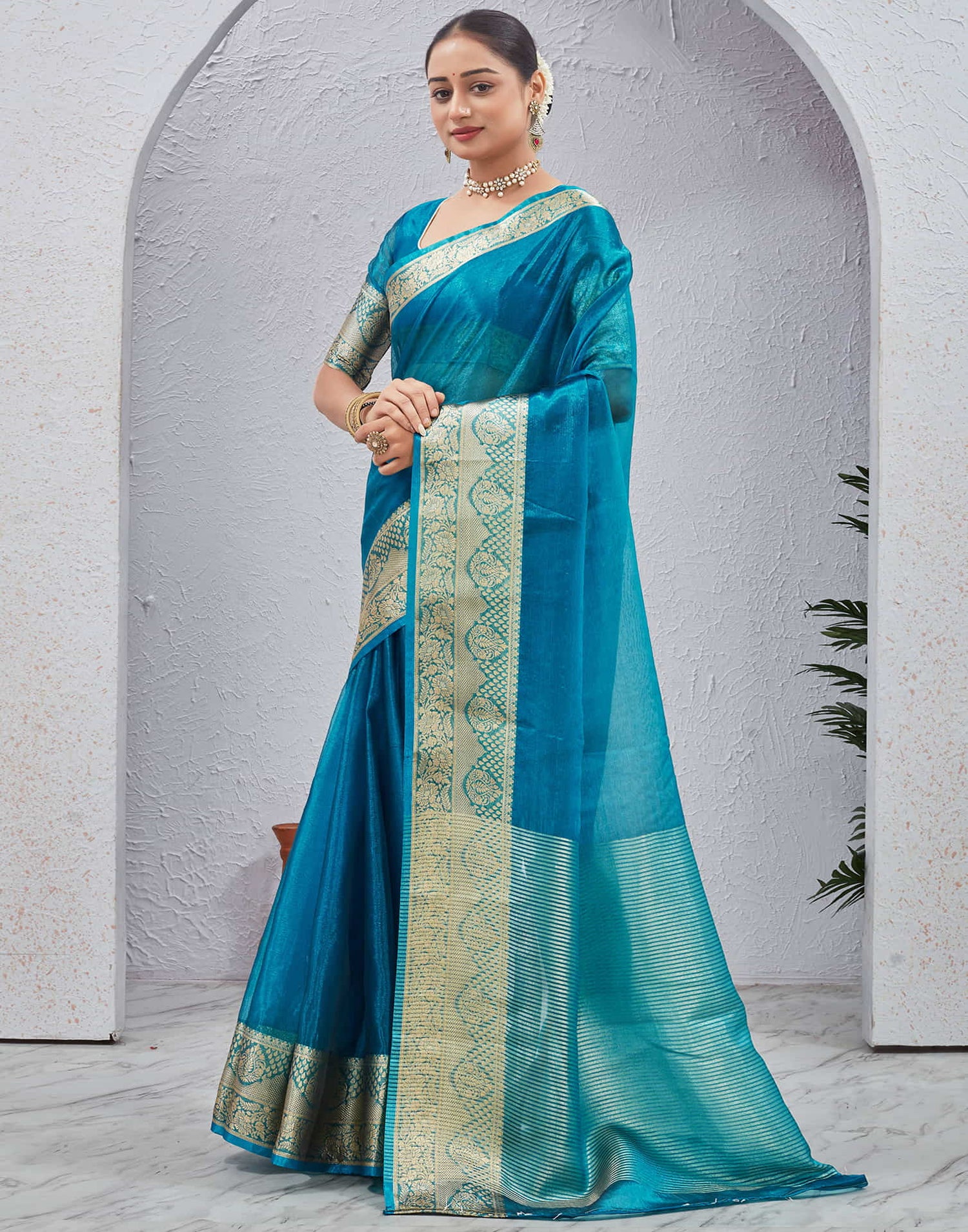 Blue Organza Woven Saree
