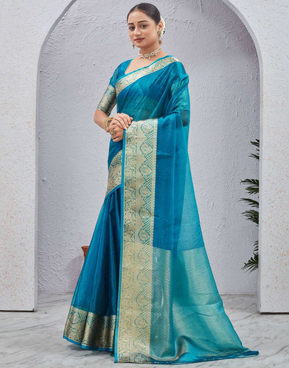 Blue Organza Woven Saree