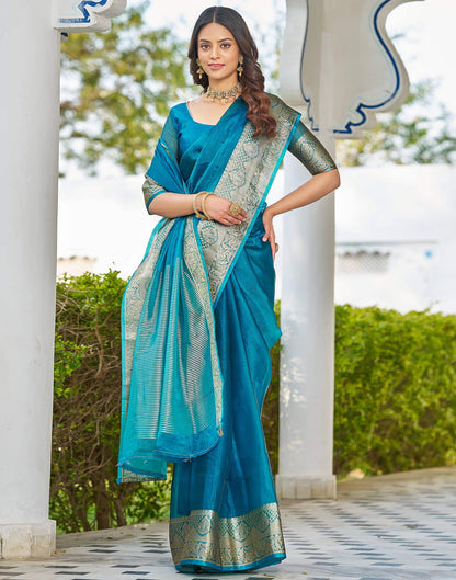 Blue Organza Woven Saree