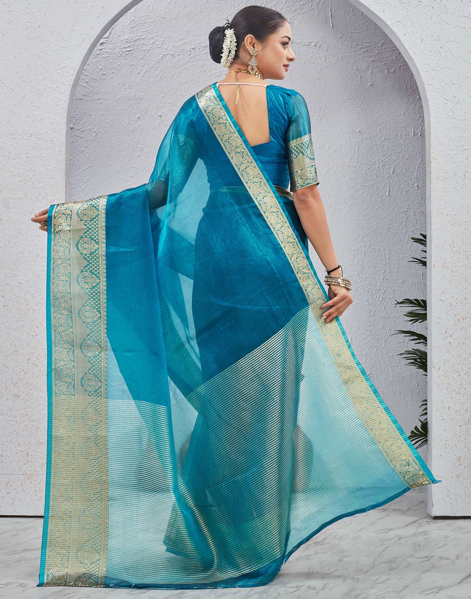 Blue Organza Woven Saree