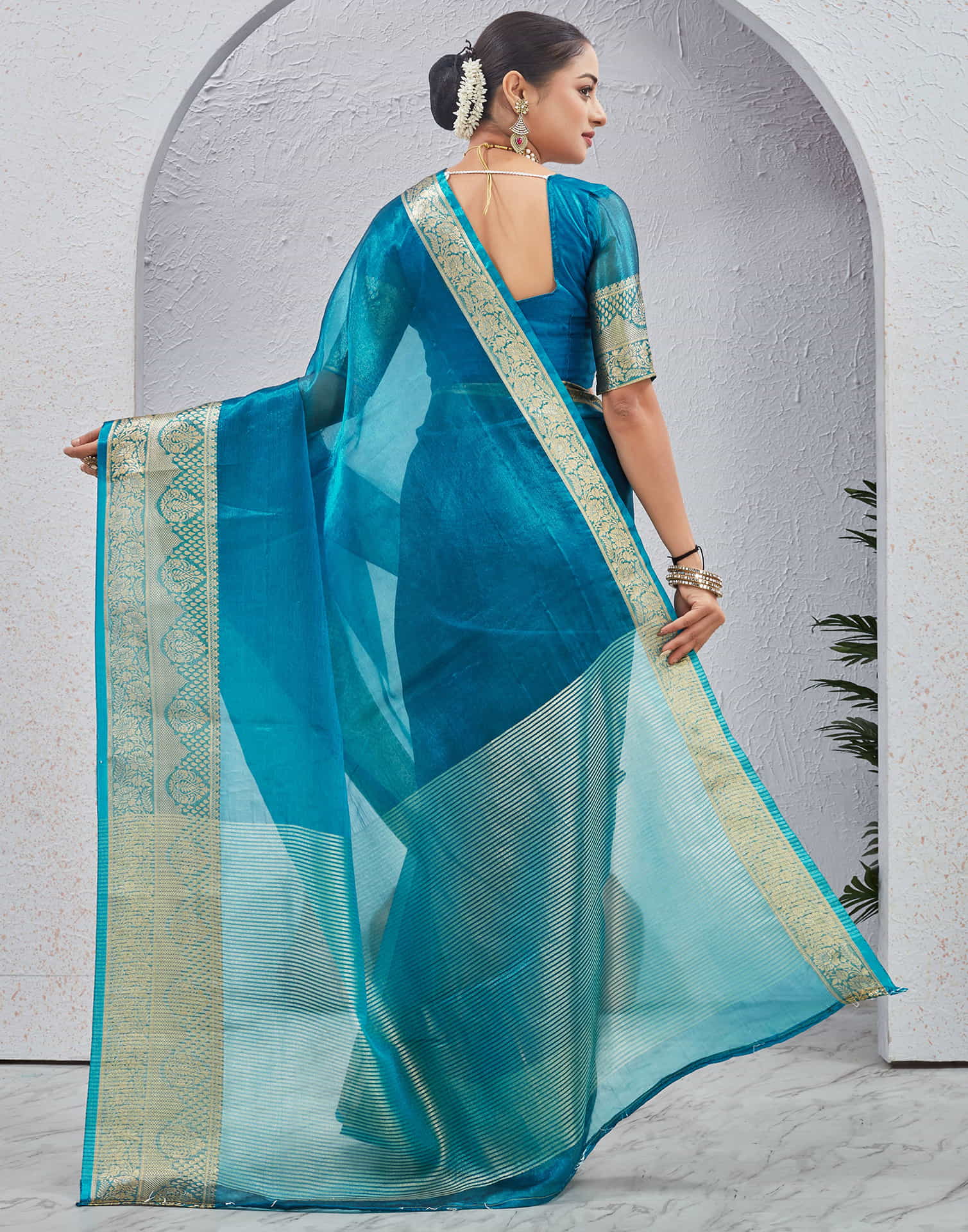Blue Organza Woven Saree