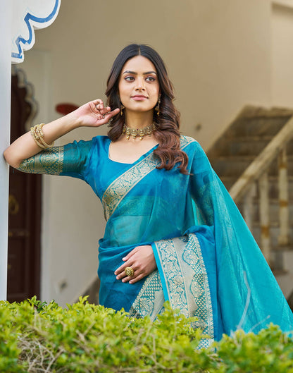 Blue Organza Woven Saree
