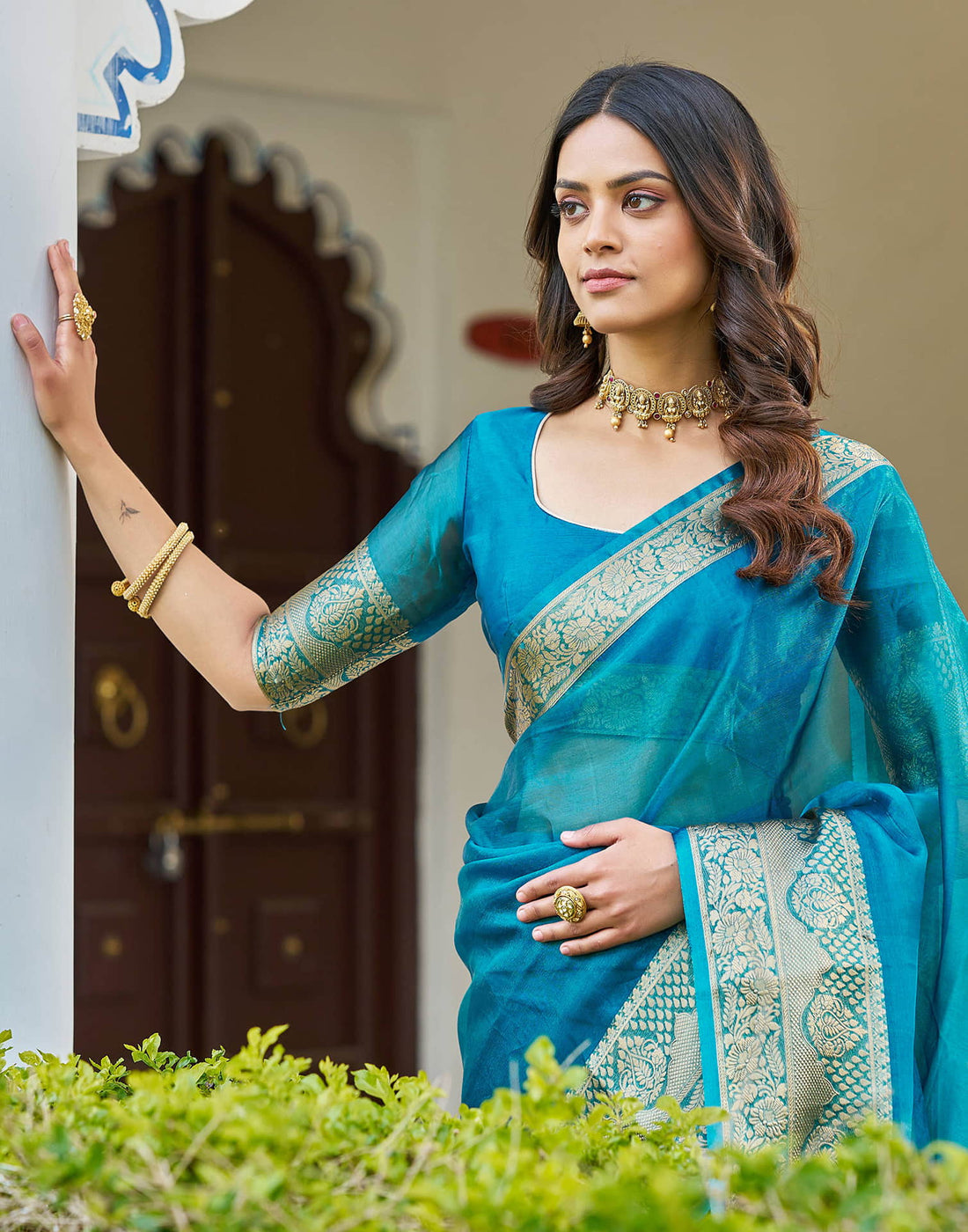 Blue Organza Woven Saree