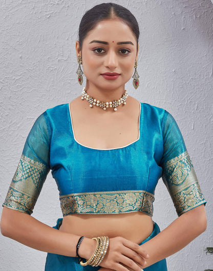 Blue Organza Woven Saree