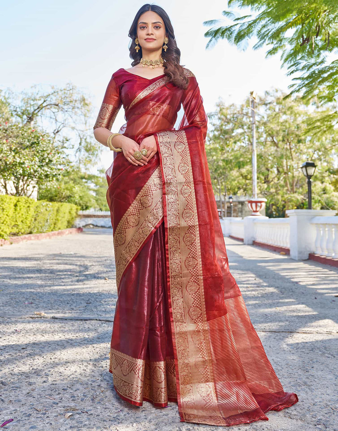 Maroon Organza Woven Saree