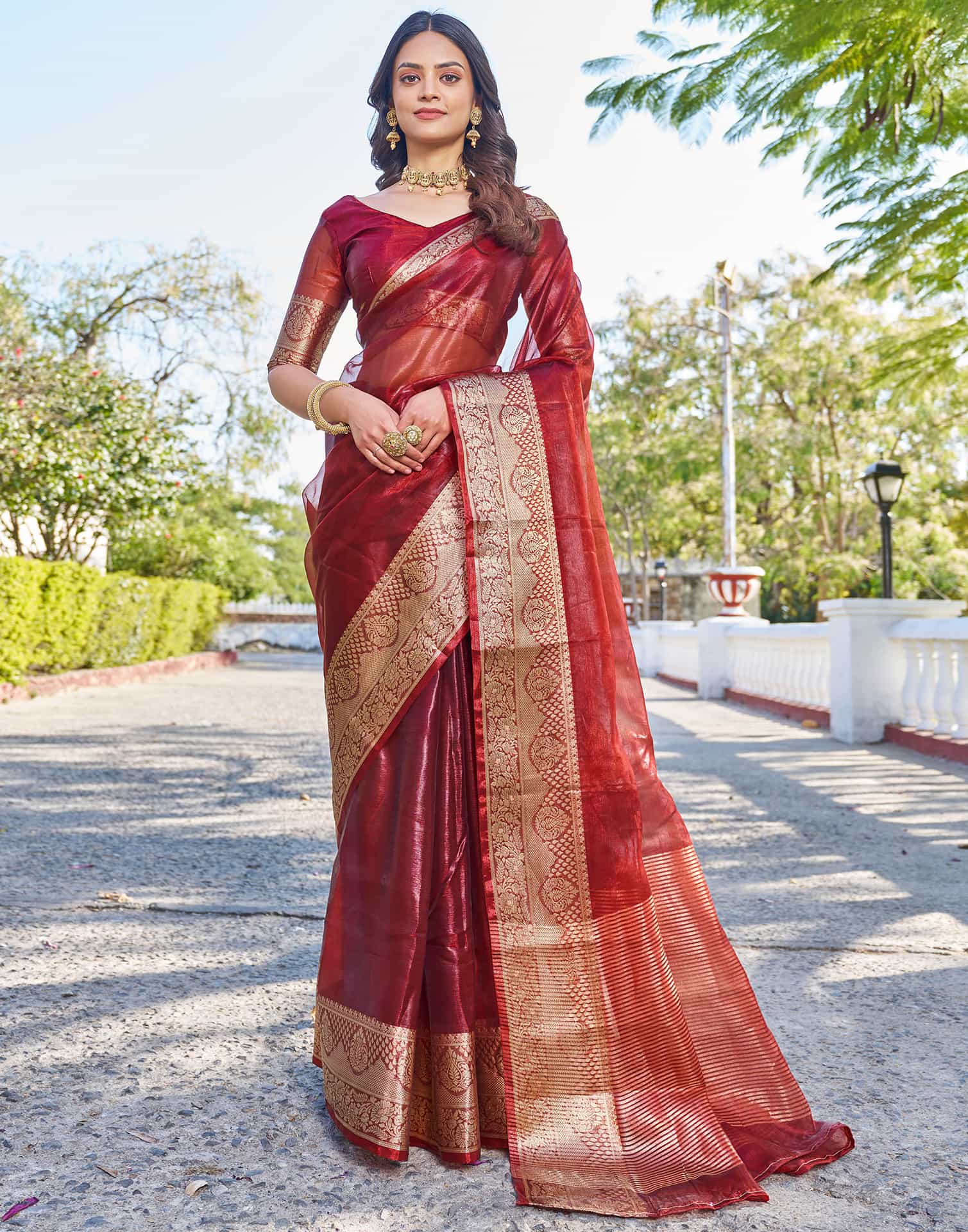 Maroon Organza Woven Saree