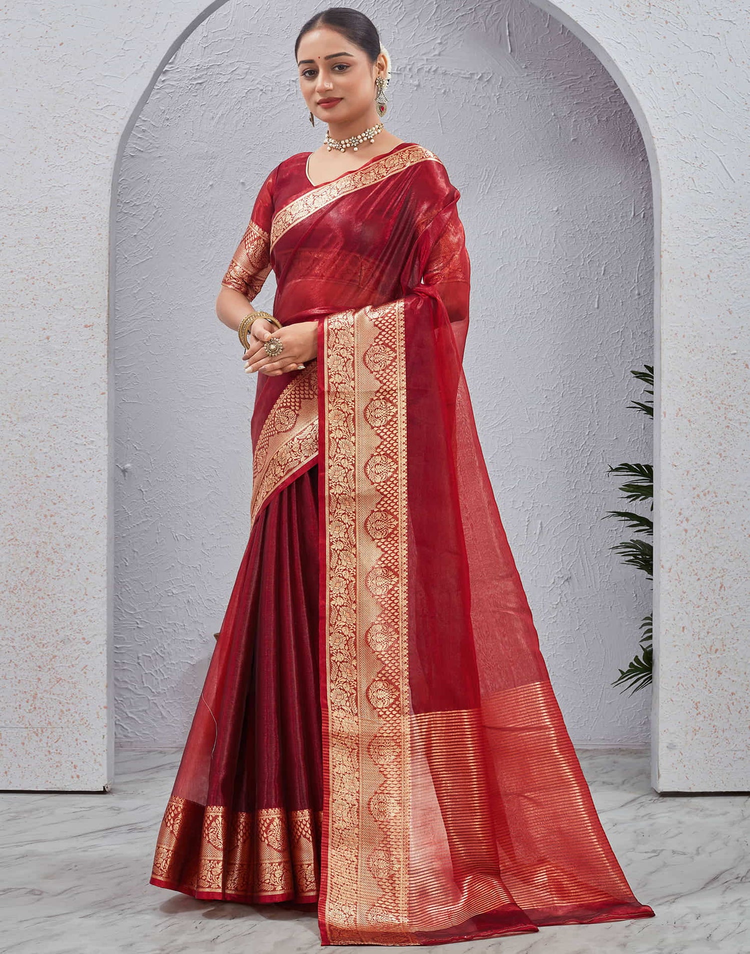 Maroon Organza Woven Saree