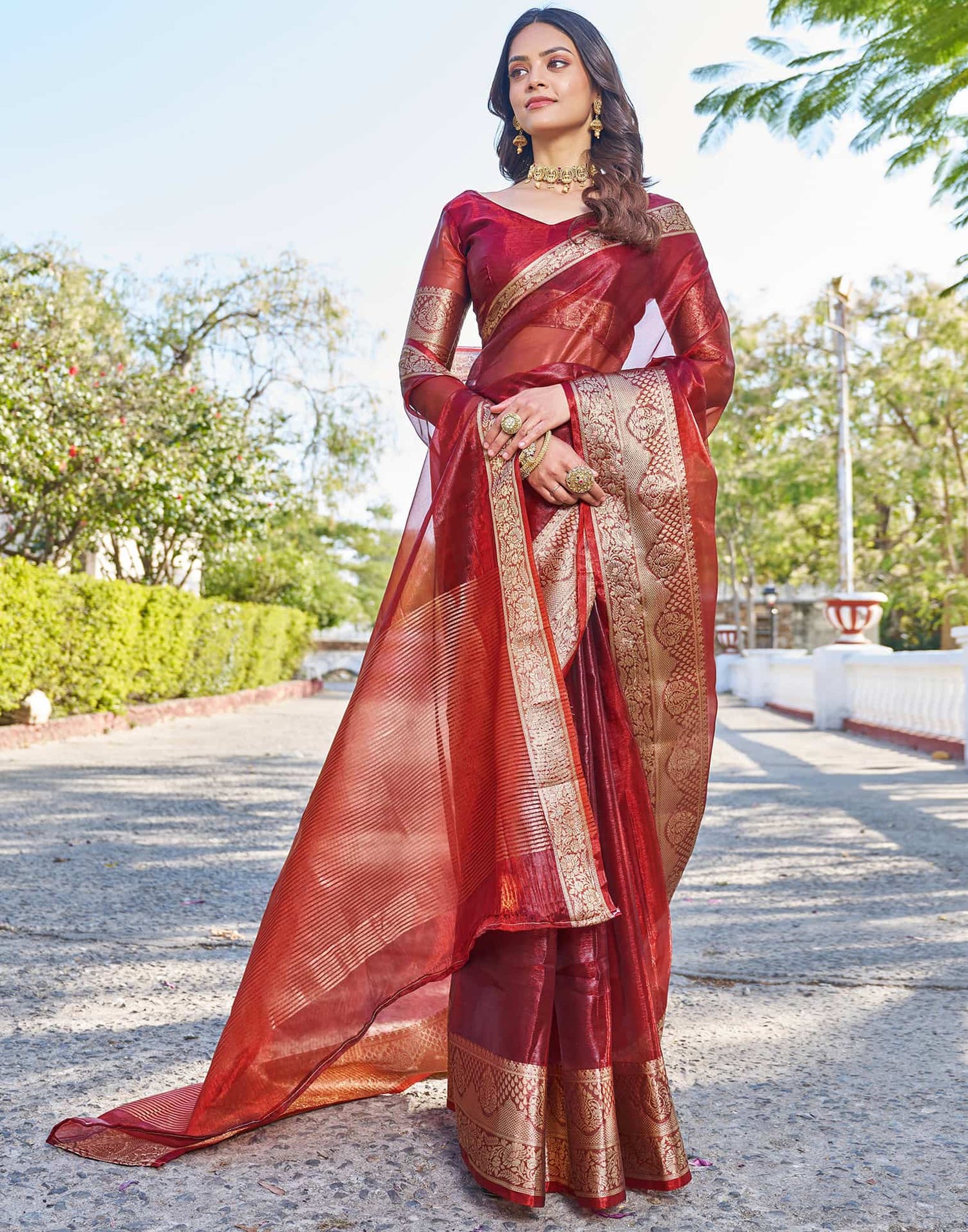 Maroon Organza Woven Saree