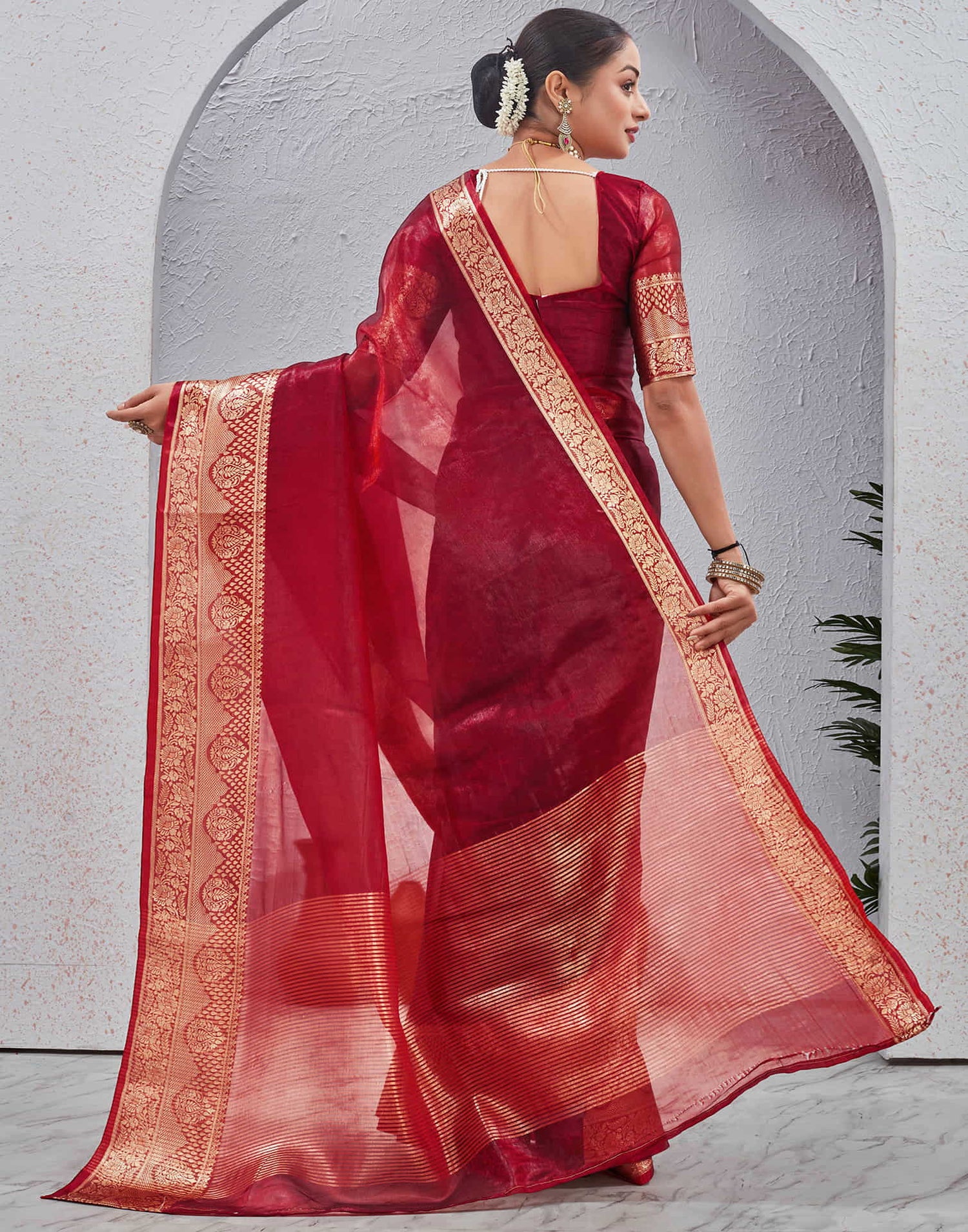 Maroon Organza Woven Saree