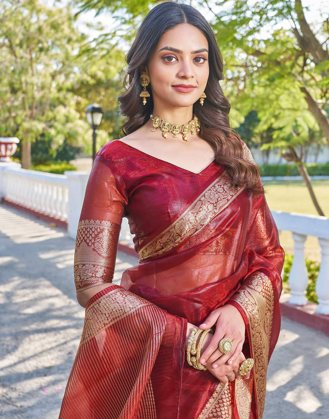Maroon Organza Woven Saree