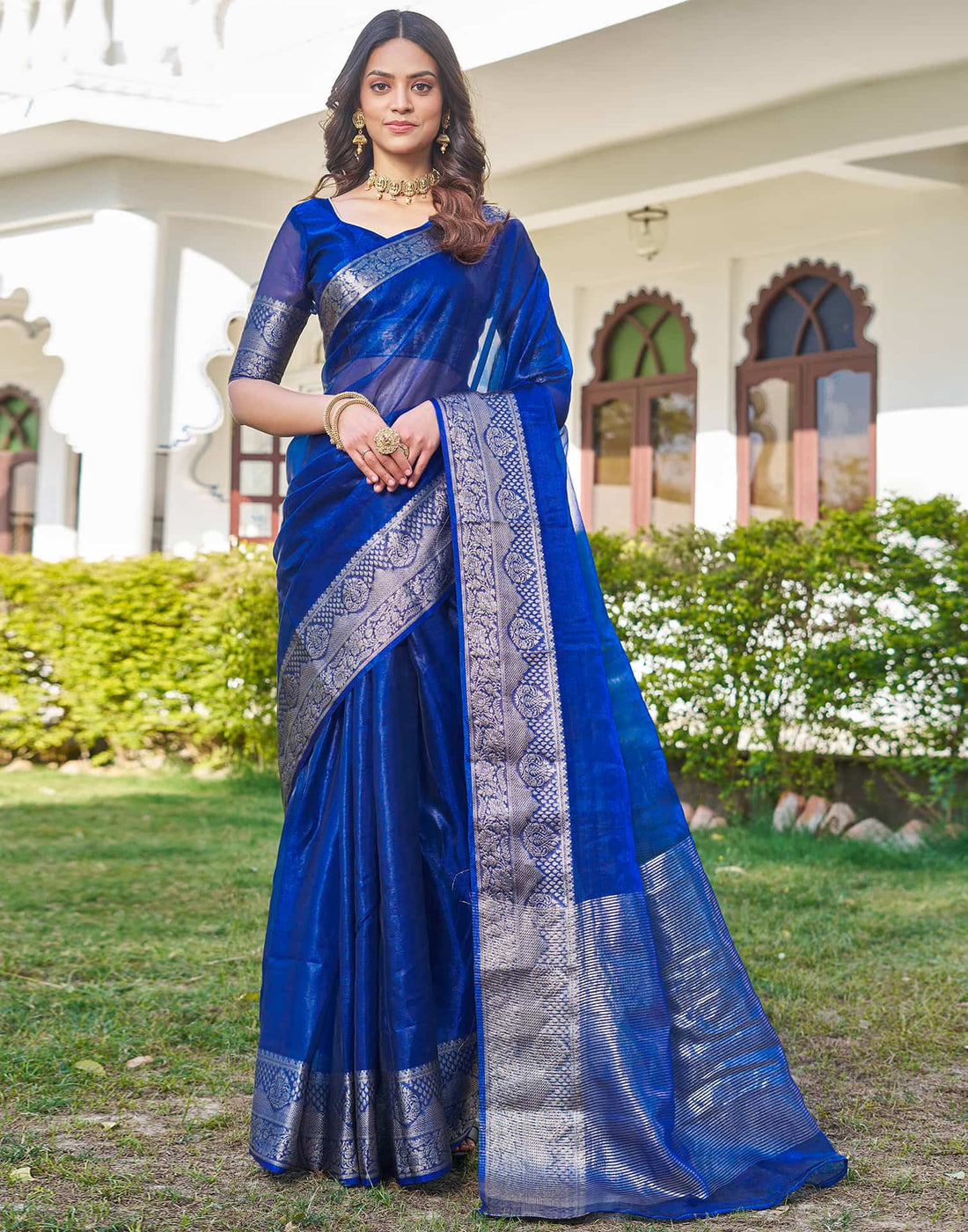 Dark Blue Organza Woven Saree