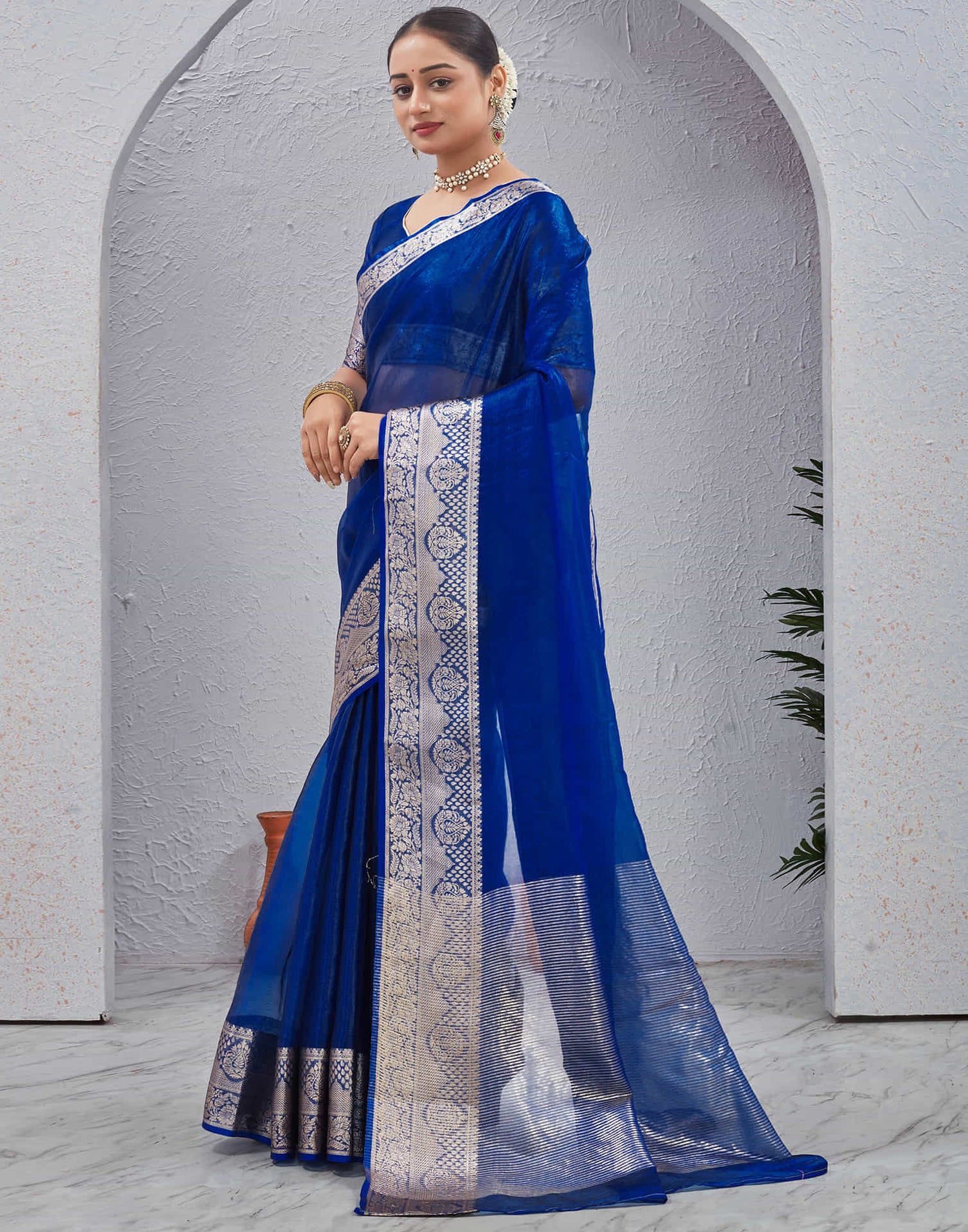 Dark Blue Organza Woven Saree