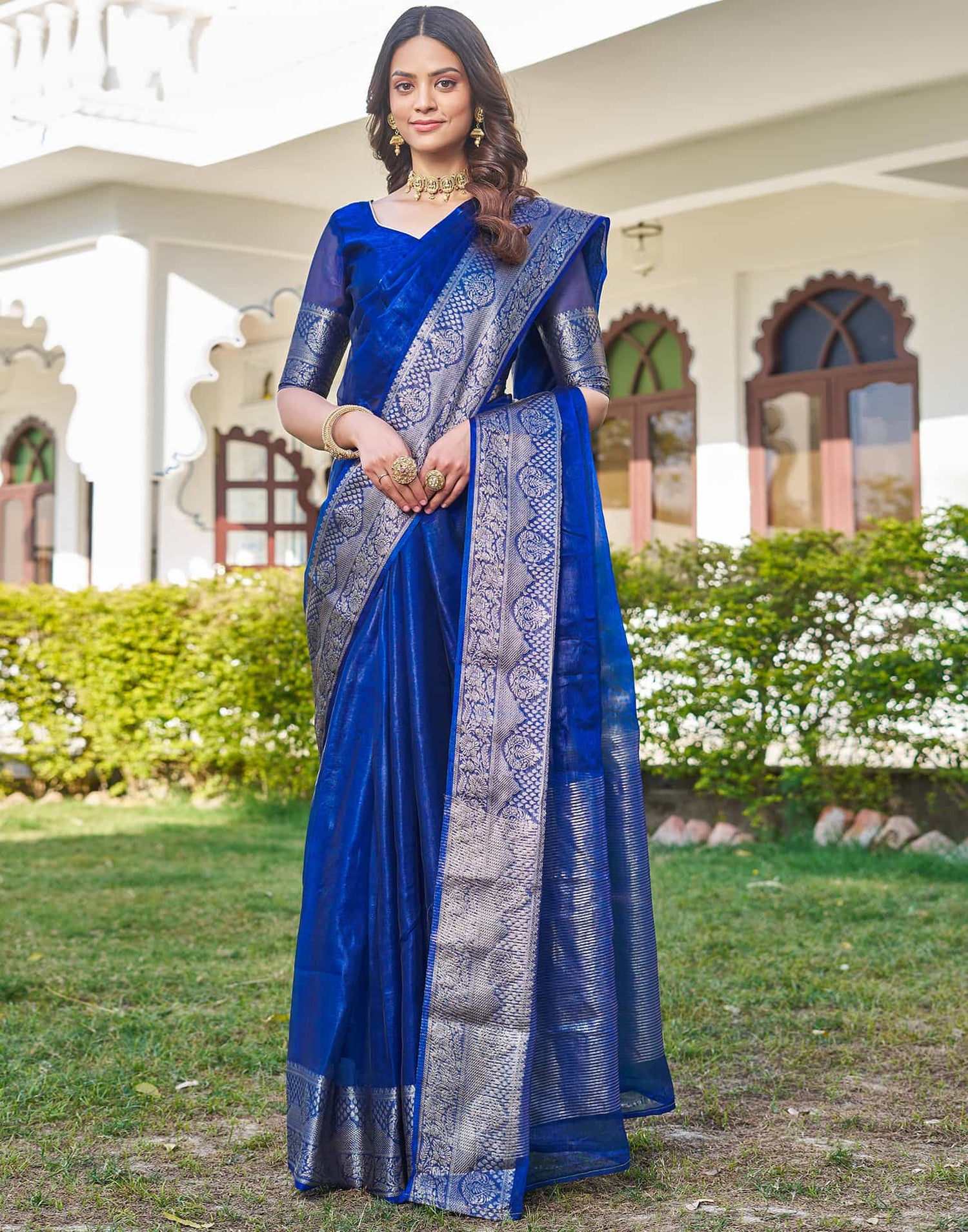 Dark Blue Organza Woven Saree