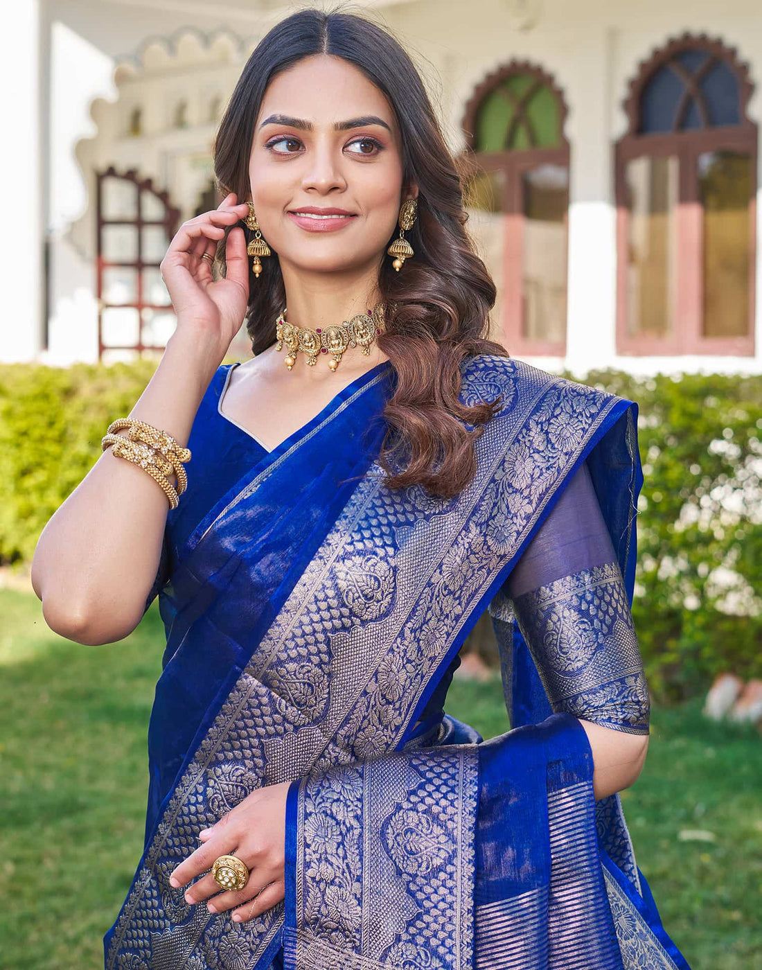 Dark Blue Organza Woven Saree