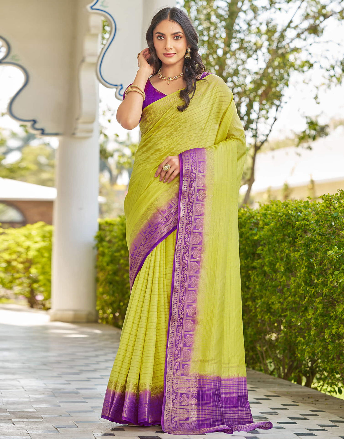 Lime Green Silk Woven Saree
