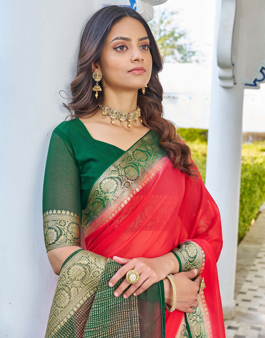 Red Chinnon Woven Border Saree