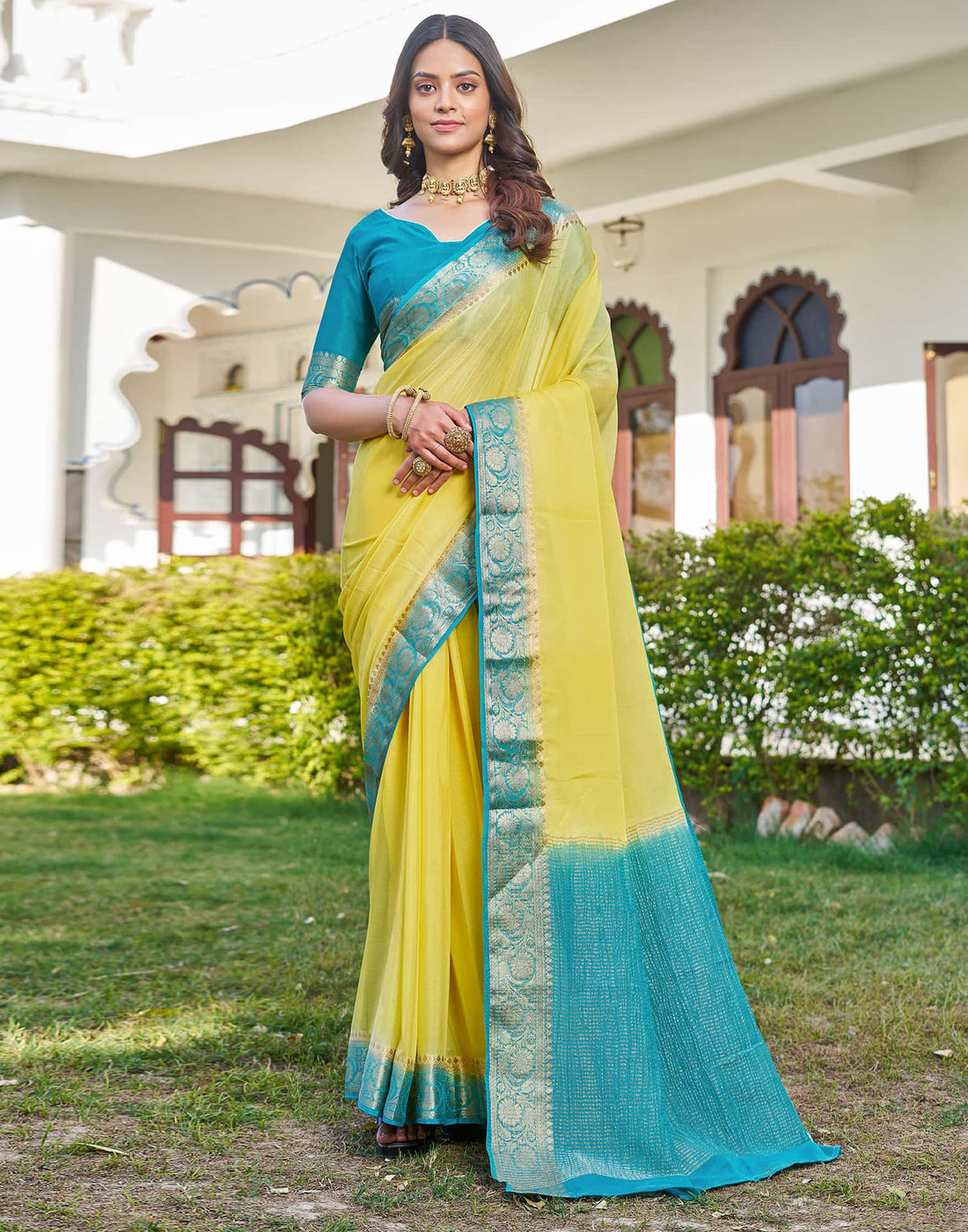 Lime Yellow Chinnon Woven Border Saree