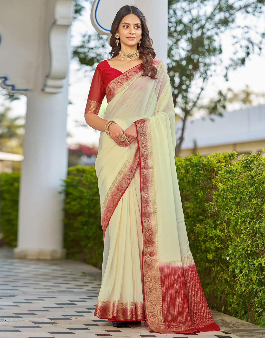 Cream Chinnon Woven Border Saree
