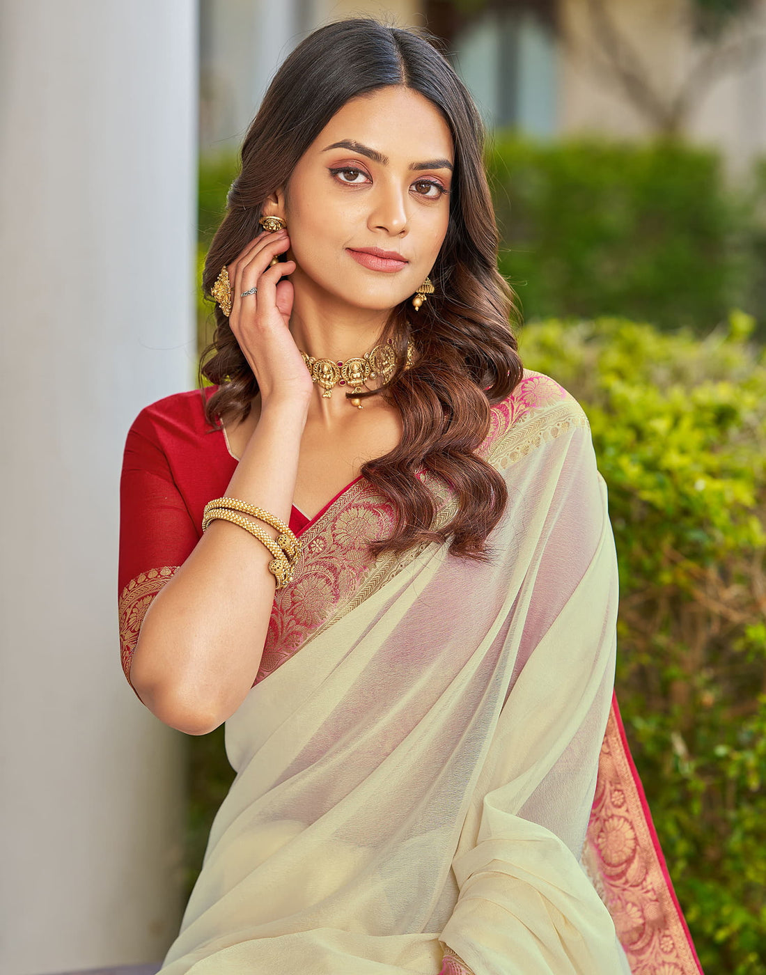 Cream Chinnon Woven Border Saree