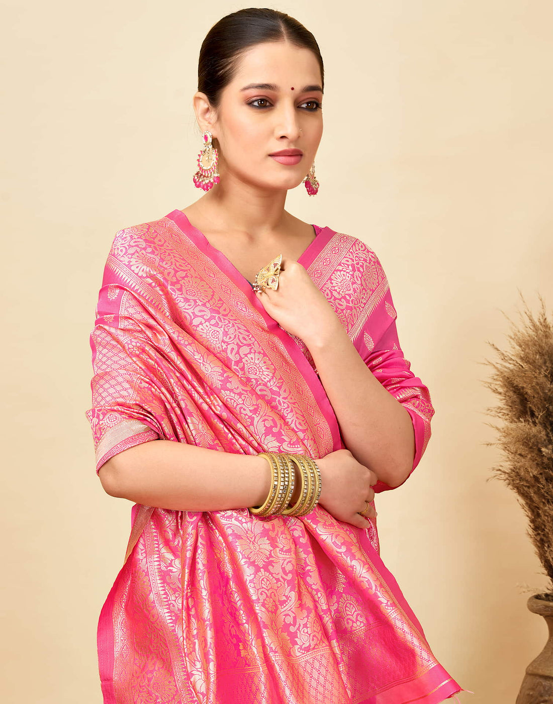 Pink Silk Woven Banarasi Saree