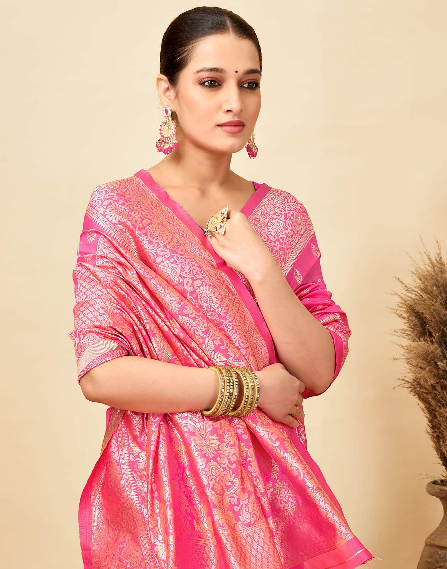 Pink Silk Woven Banarasi Saree