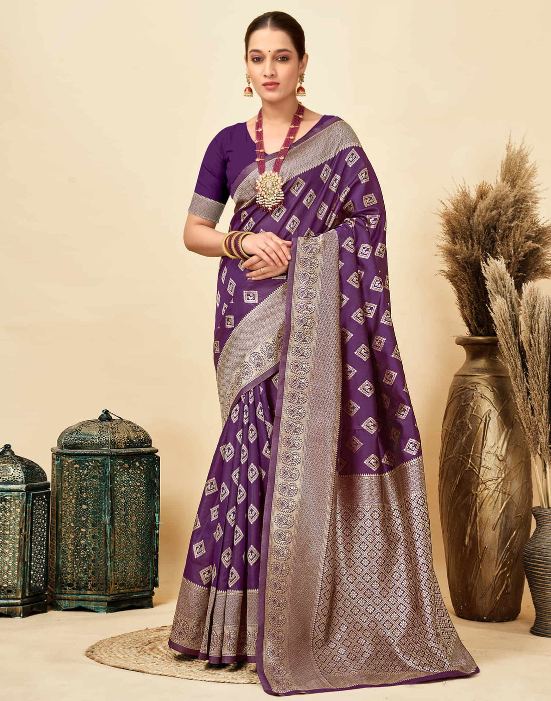 Dark Purple Silk Woven Banarasi Saree
