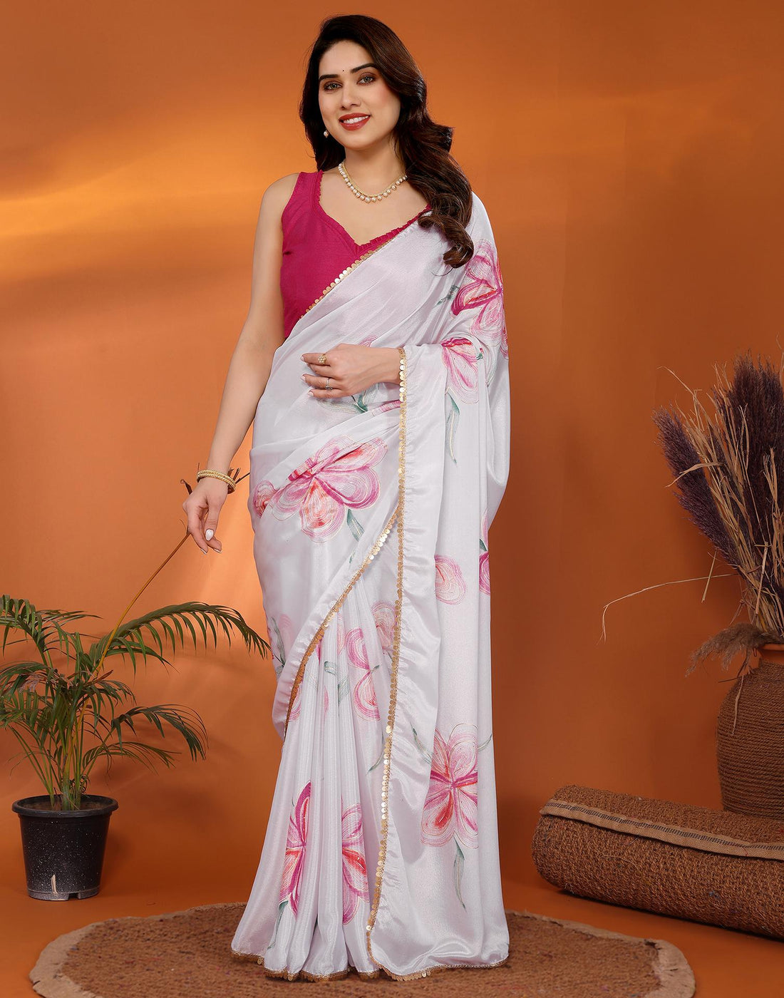 White Chinnon Chiffon Printed Saree