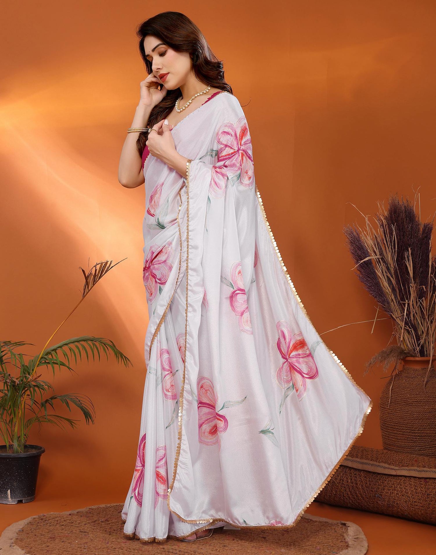 White Chinnon Chiffon Printed Saree