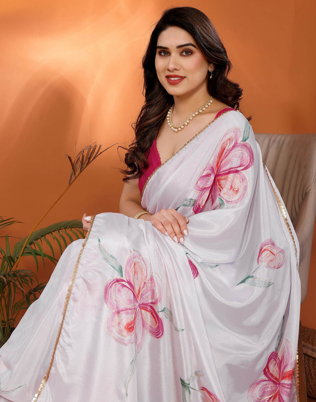 White Chinnon Chiffon Printed Saree
